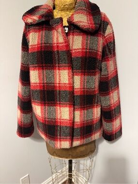 Me Jane Red Black Gray Plaid Sherpa Puffer Jacket